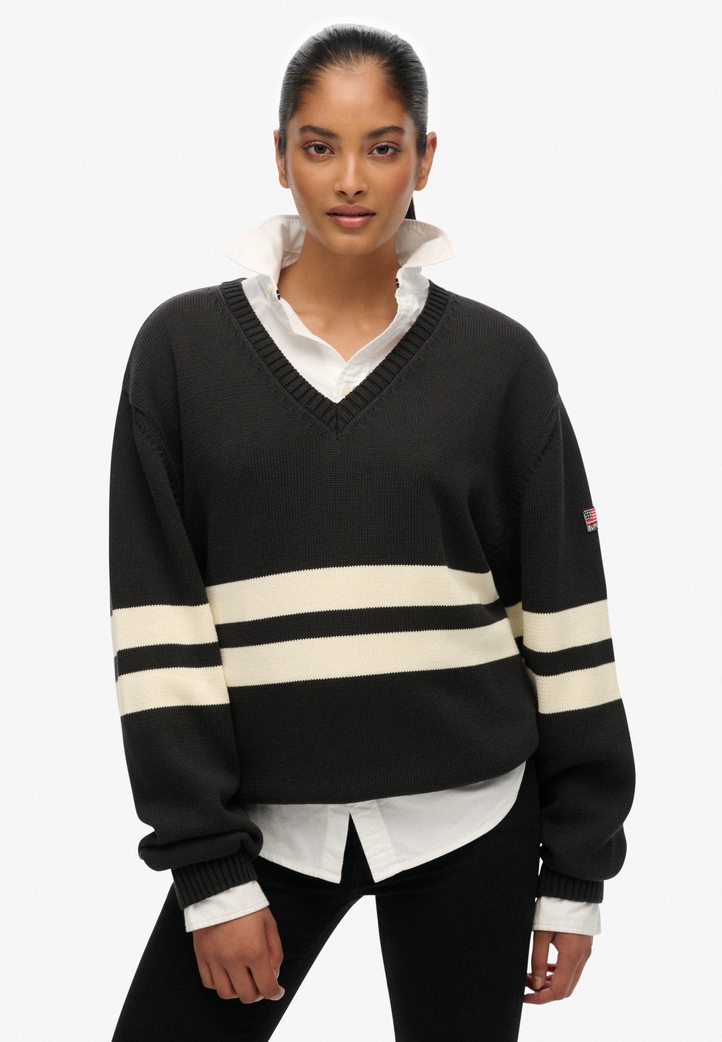 Oversized Striped V-Neck Jumper (1)